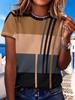 Summer Women's Round Neck Short Sleeve T-Shirt with Geometric Stripe Print, Casual Vacation Daily Top - Polyester Fabric, Machine Washable