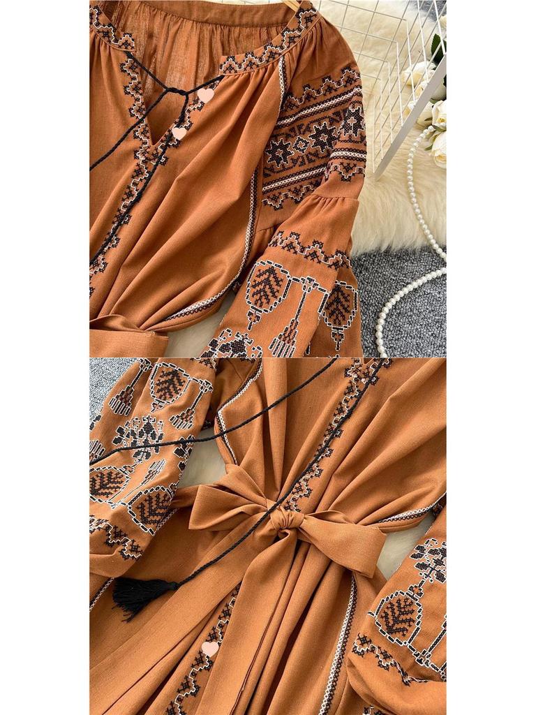 Bohemian Embroidered Lantern Sleeve Tie-Waist Dress for Women