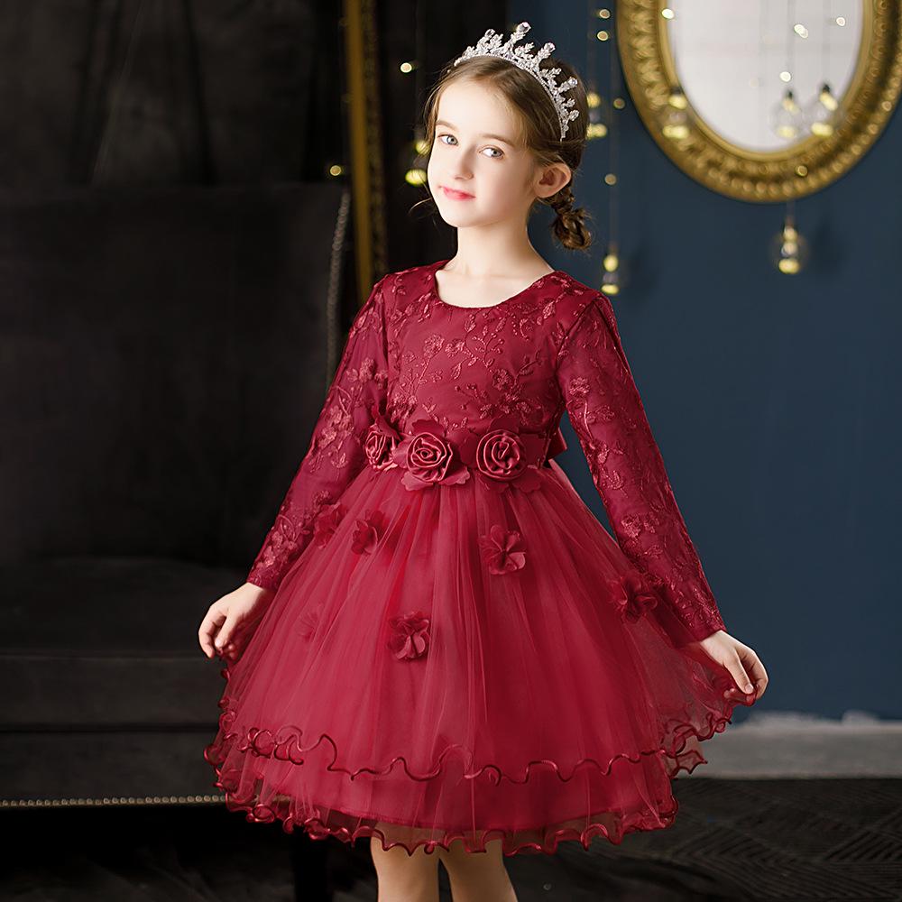 Cross-Border Long-Sleeve Flower Girl Princess Dress with Fluffy Tulle Skirt - Wedding and Performance Children's Costume