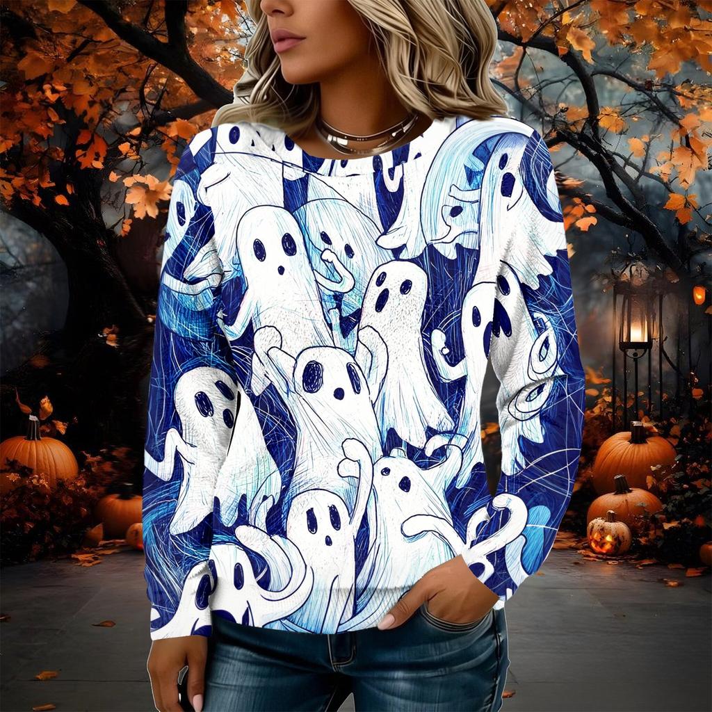 Women's Flannel Long Sleeve Top with Halloween Print Neck Pullover Shirt