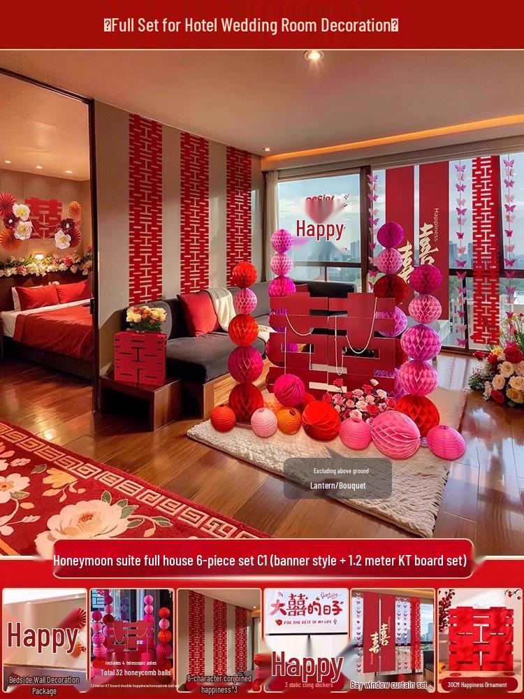 Ensemble de Décoration de Chambre de Mariage Nuptial avec Double Bonheur Sans Trace pour Hôtels et Salons