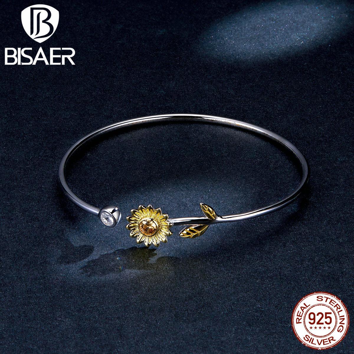 

BISAER золотой цвет регулируемый браслет с подсолнухом браслет из стерлингового серебра 925 пробы ювелирные изделия 925 silver