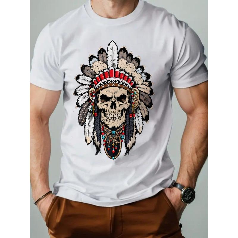European Sizes Men'S Native American Headdress & Skull Graphic T-Shirt - Bold Tribal Print with Feather & Beadwork Design