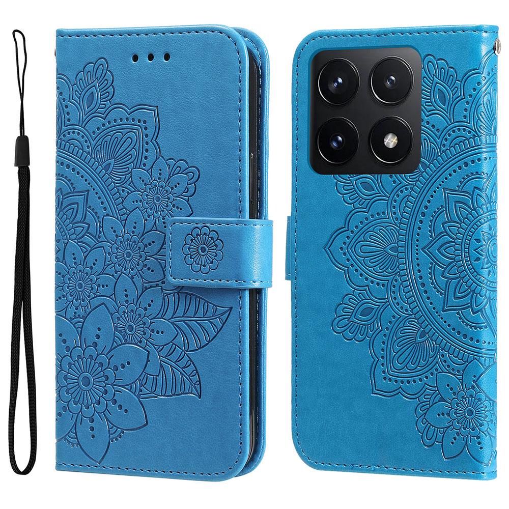 

For Xiaomi 14T Case Floral Pattern PU Leather Wallet Stand Phone Cover Blue