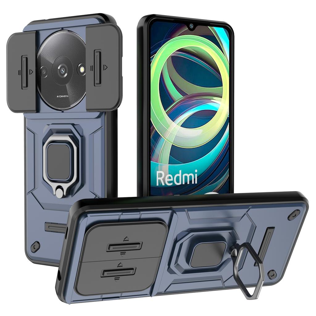 For Xiaomi Redmi A3 4G/Poco C61 4G Case with Slide Camera Cover Ring Kickstand PC+TPU Phone Shell Protector