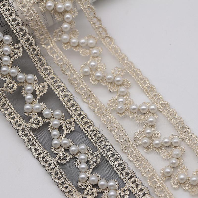 1Yard 40mm Exquisite Embroidery Organza Lace with Pearls for DIY Headwear Accessories Clothing Wedding Dress Pearl Lace Decor