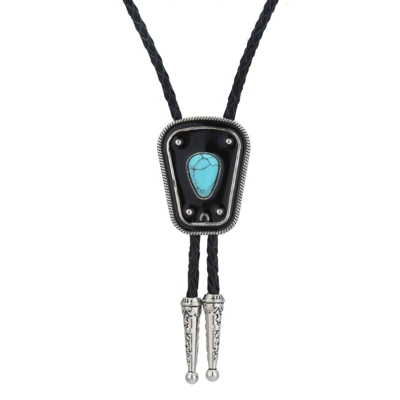 

Men Women Bolo Tie Necktie Artificial Leather Braided Rope Necklace with Enamel Stone Pendant Jewelry Cowboy Neckwear