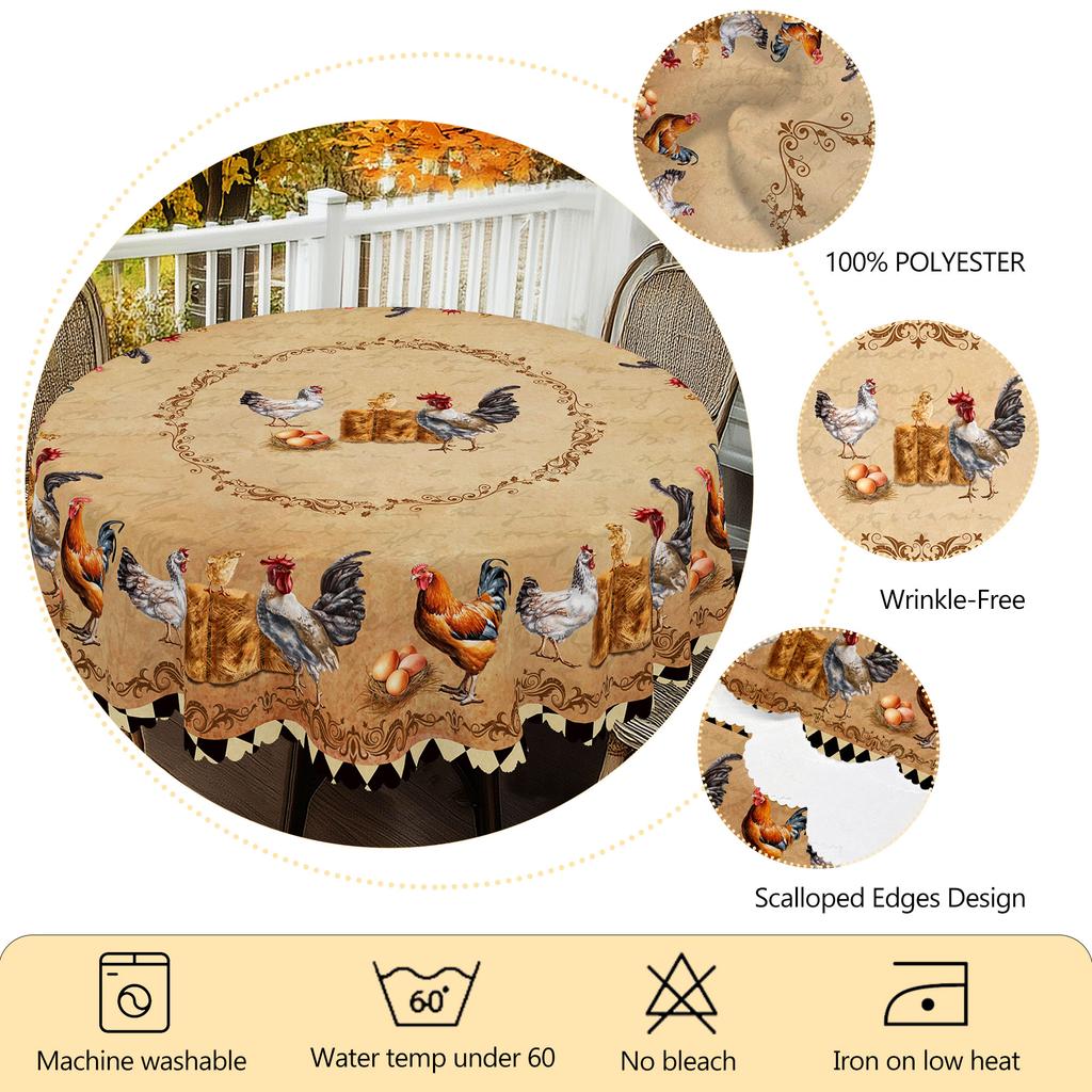 1 Piece Farm Style Chicken Round Tablecloth, 5 Sizes Available, Farmhouse Style Retro Chicken Pattern Printed Tablecloth, Edge Embossing Process, Cour