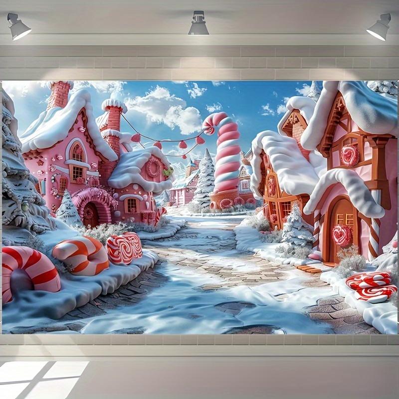 1pc Magical Winter Wonderland Christmas Background - Pink Fairy Tale Candy Stick and Colorful Snow Scene