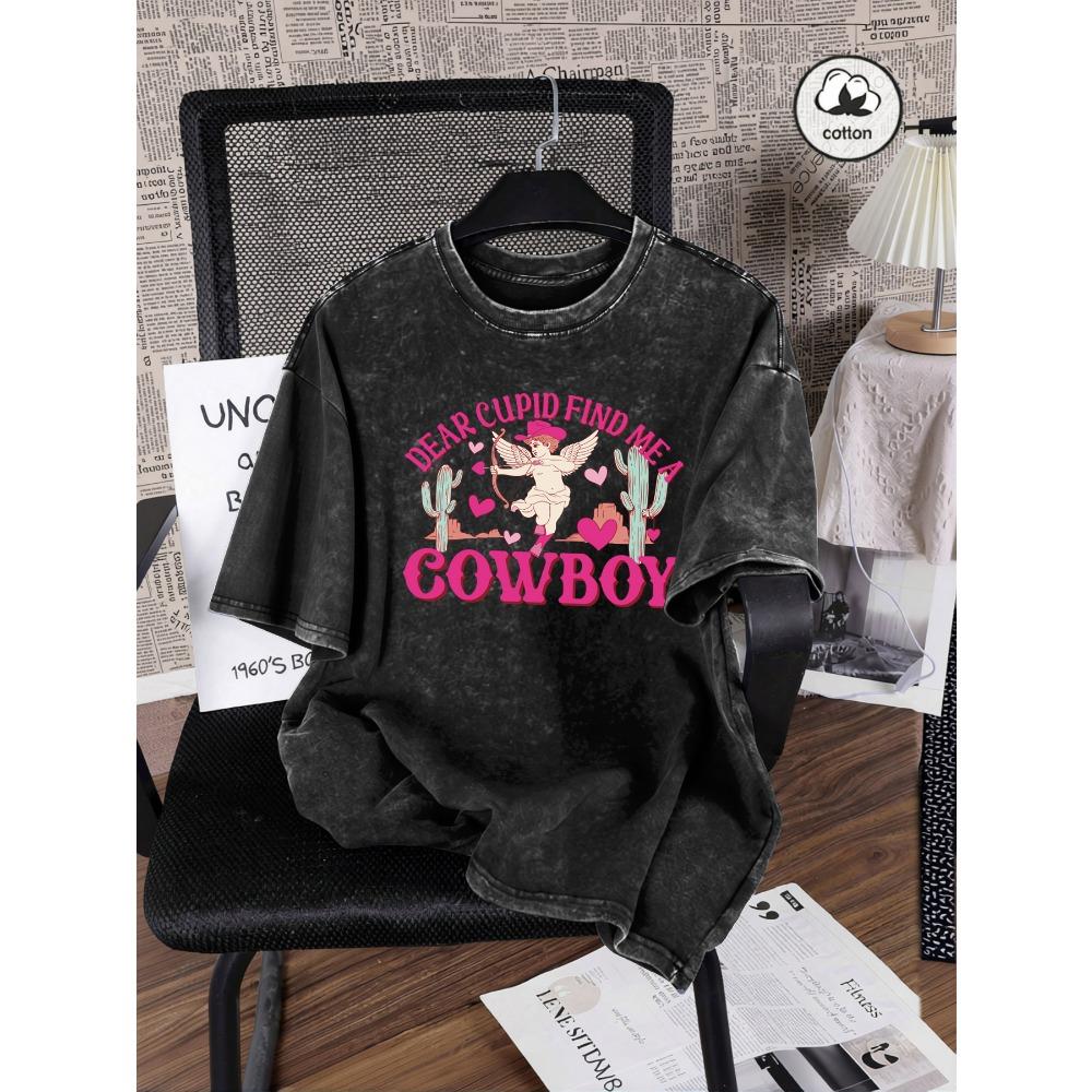 Dear Cupid Cowboy Desert Cactus Prints Washed T Shirts Womens Summer O-Neck Short Sleeve Trendy Cotton Top Loose T-Shirt