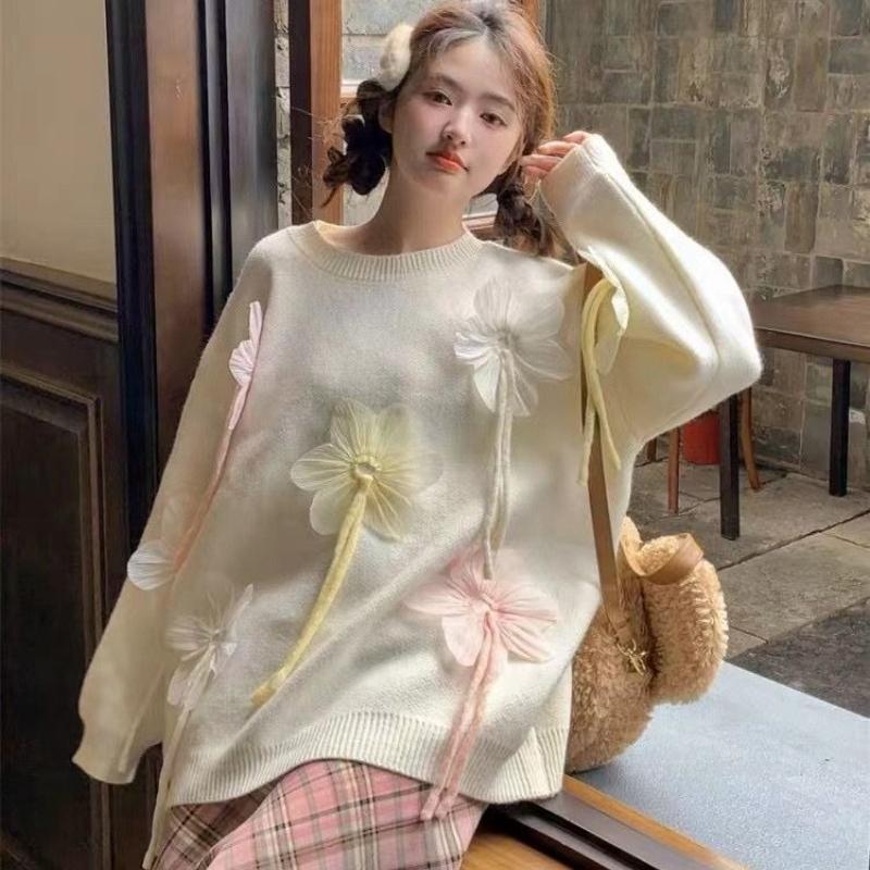 3D Flower Decoration Women's Sweater Solid Color Round Collar Long Sleeved Pullover Korean Version New Style Loose Sweet Female Top