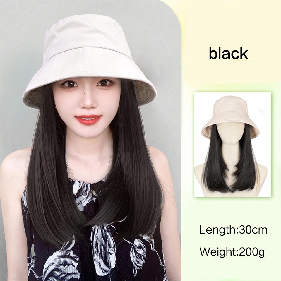Black Fisherman's Hat Wig Hair Extensions Hat Wigs Synthetic Long Straight Clavicle Hair Warm Autumn Winter Cap Wig