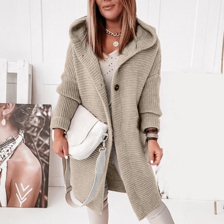 Ciepły damski długi sweter-płaszcz z kapturem, gładki, dzianinowy, gruby kardigan zimowy
