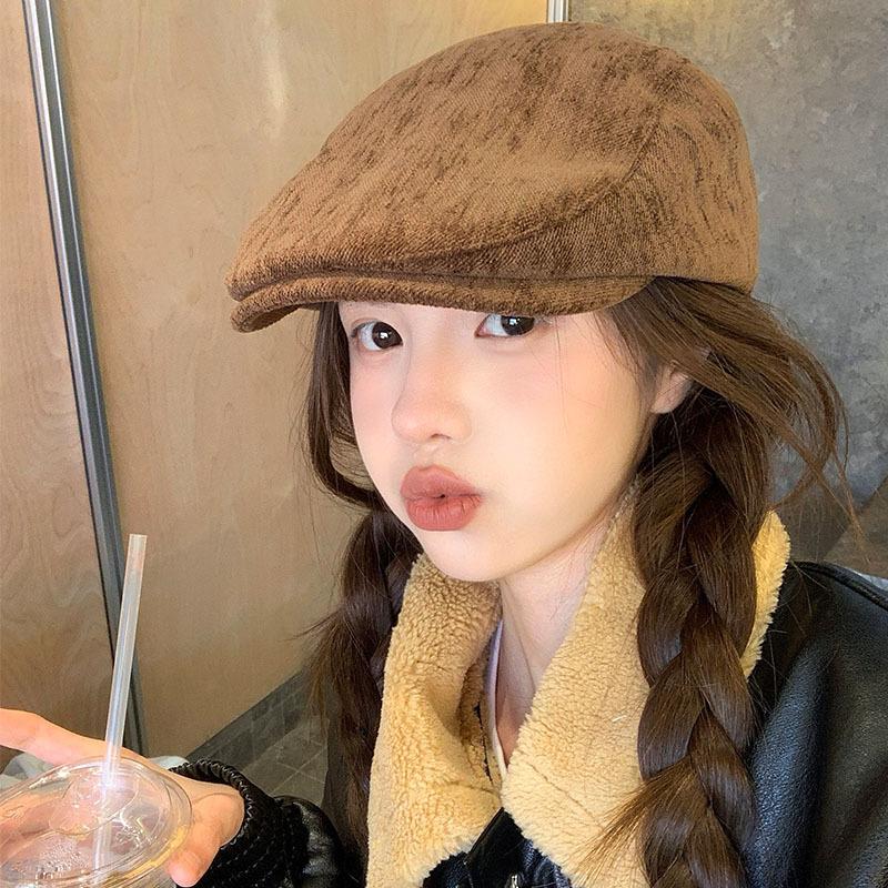 Korean Progressive Hat for Women In Autumn and Winter with Round Face Beret Big Head Circumference Small Newsboy Hat  Reverse Peaked Hat