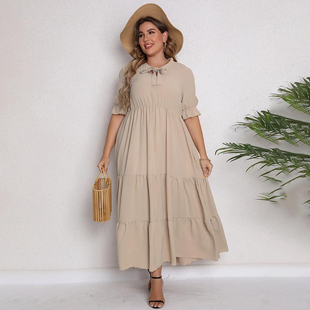 Büyük Beden Kadınlar için Büyük Beden Moda Kısa Kollu Düz Renk Yazlık Günlük Uzun Elbiseler