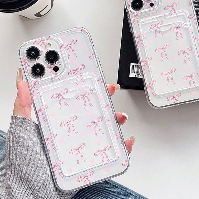 Transparent Card Slot Bag Holder Wallet Case For iPhone 16 15 14 Pro Max 13 12 11 XS X XR 7 8 Plus SE 2022 With Bow Print Cover