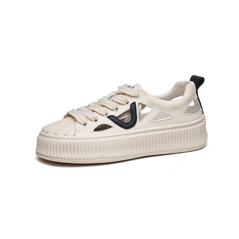 Women's Genuine Leather Summer White Sneakers - Shell Toe, Hollow Out, Thick Sole, Versatile Casual Skate & Sport Shoes.