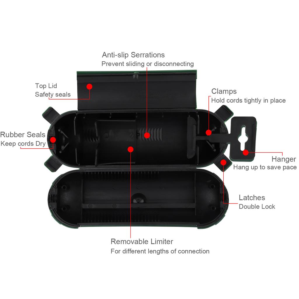 Heavy Duty 12-18 AWG Outdoor Extension Cord Cover Weatherproof Electrical Connection Box Secure Seal Plugs Wires Lights