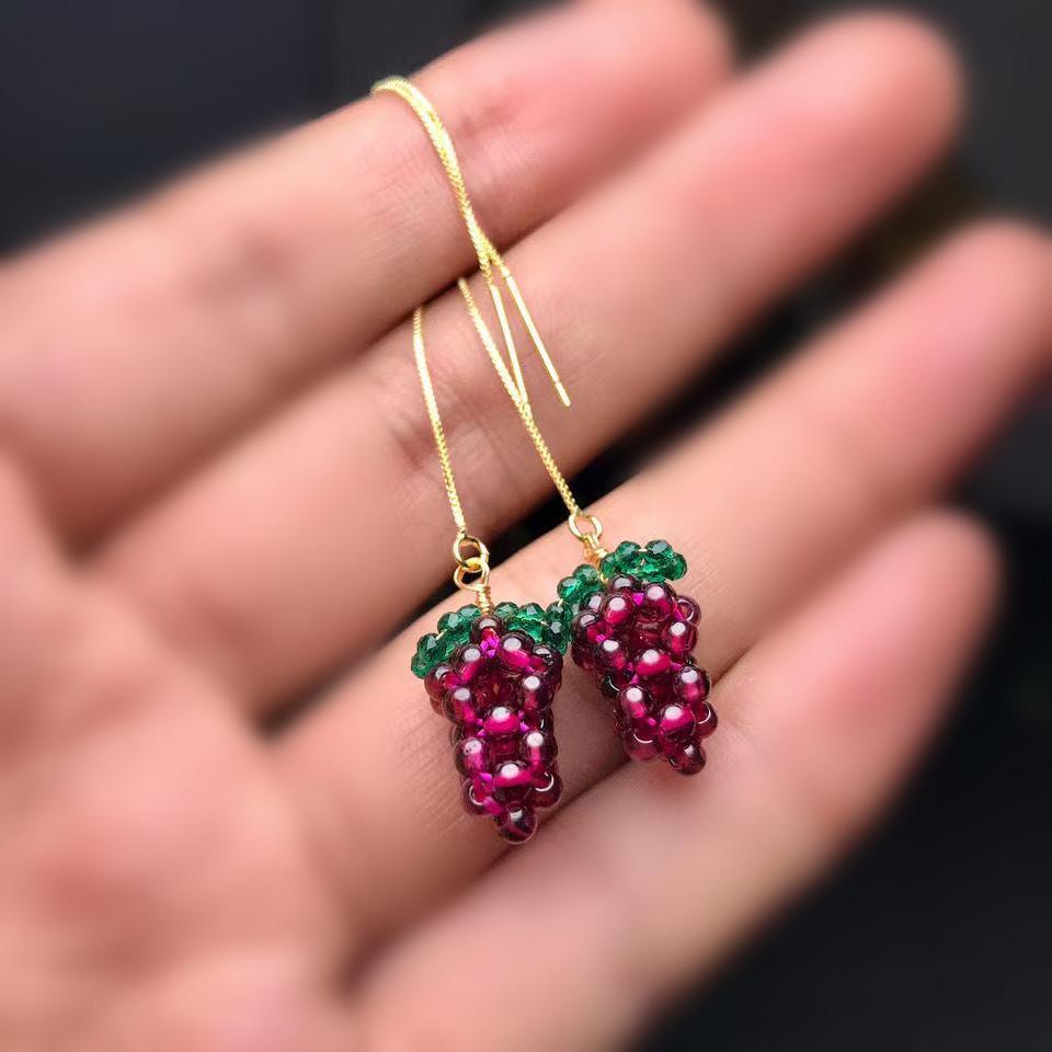Natural Burgundy Garnet Woven Grape Earrings 14K Gold Ear Hooks, Garnet Grape Earrings