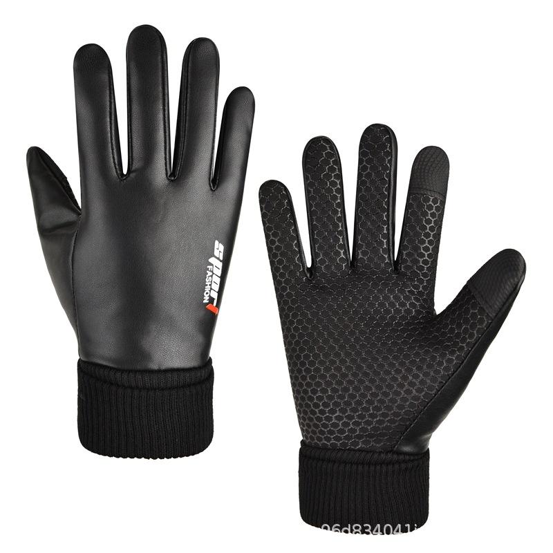 Leather gloves men's winter outdoor sports velvet to keep warm