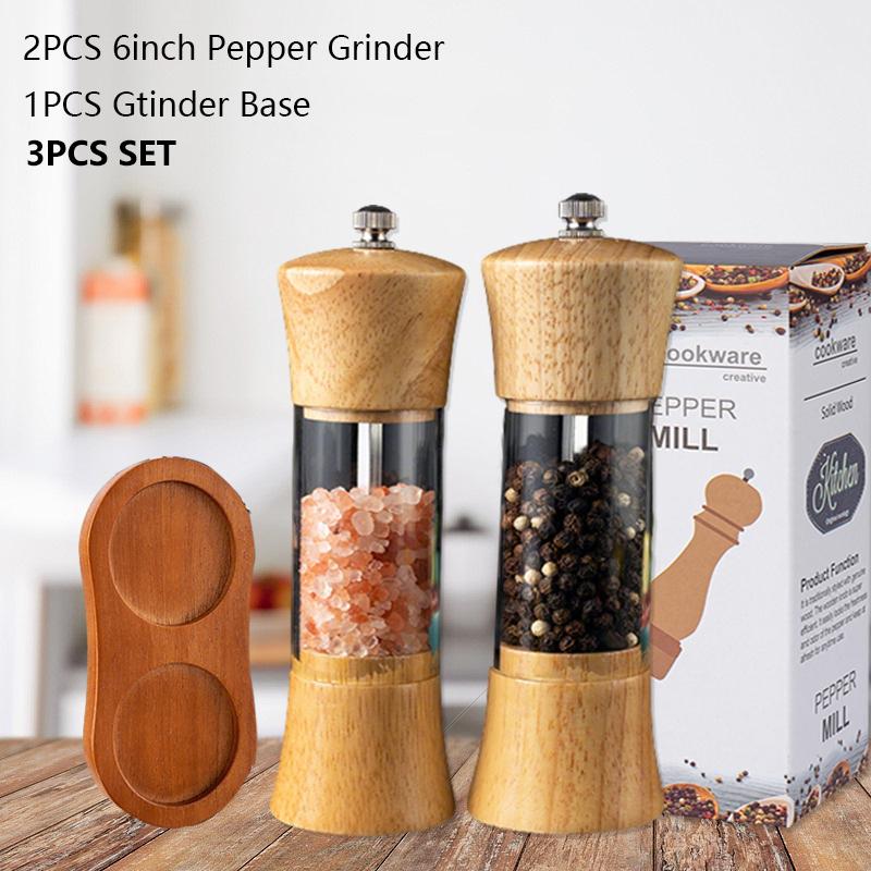 WXCOO 6inch Kitchen Pepper Grinder Sea Salt Grinder Ceramic Grinding Core Wooden Pepper Grinder Adjustable Manual Pepper Mill