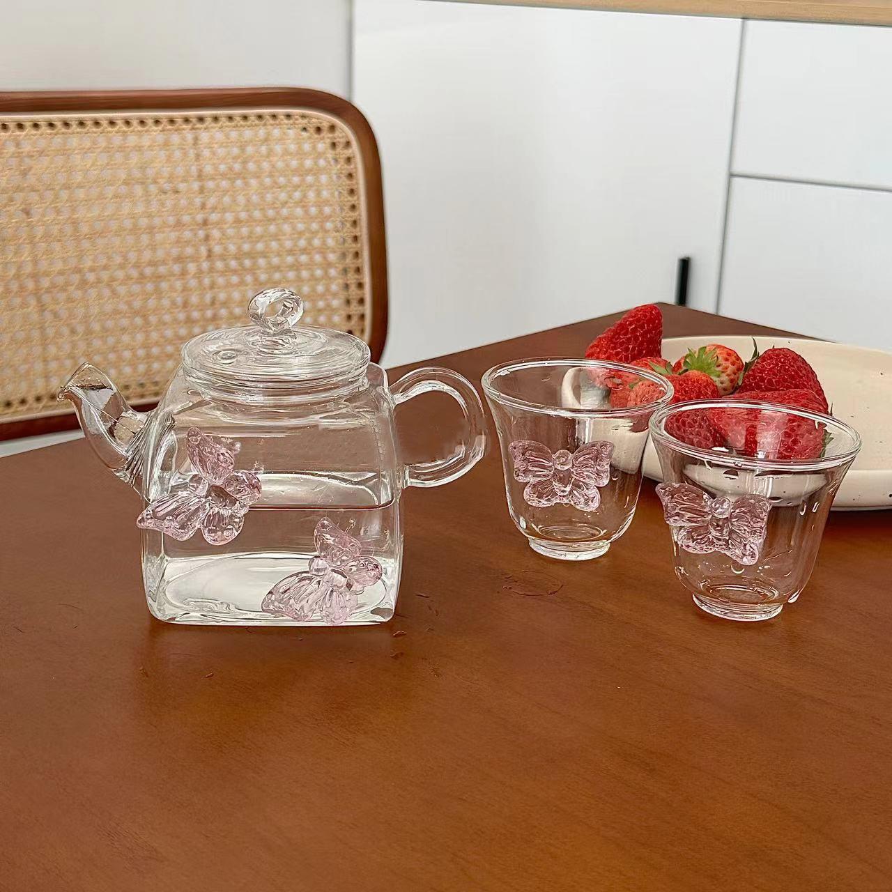 

3D Butterfly Shaped Teaware Teapot And 2 Teacups Set Glass Tea Pot Tea Cup Sets Gift For Women Three-piece Set розовый