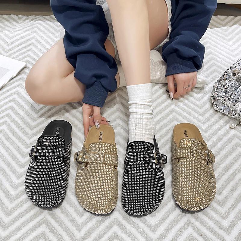 Women's Mules Flat Sole Rhinestones Cover Toe One Kick Women's Slippers Dress Retro Spring Autumn Zapatillas De Mujer