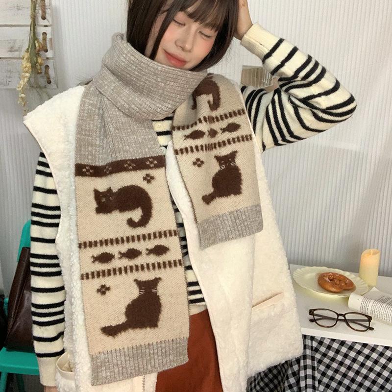 Luochi Cartoon Cat Knit Scarf - Cute, Warm, Versatile Gaiter for Autumn/Winter