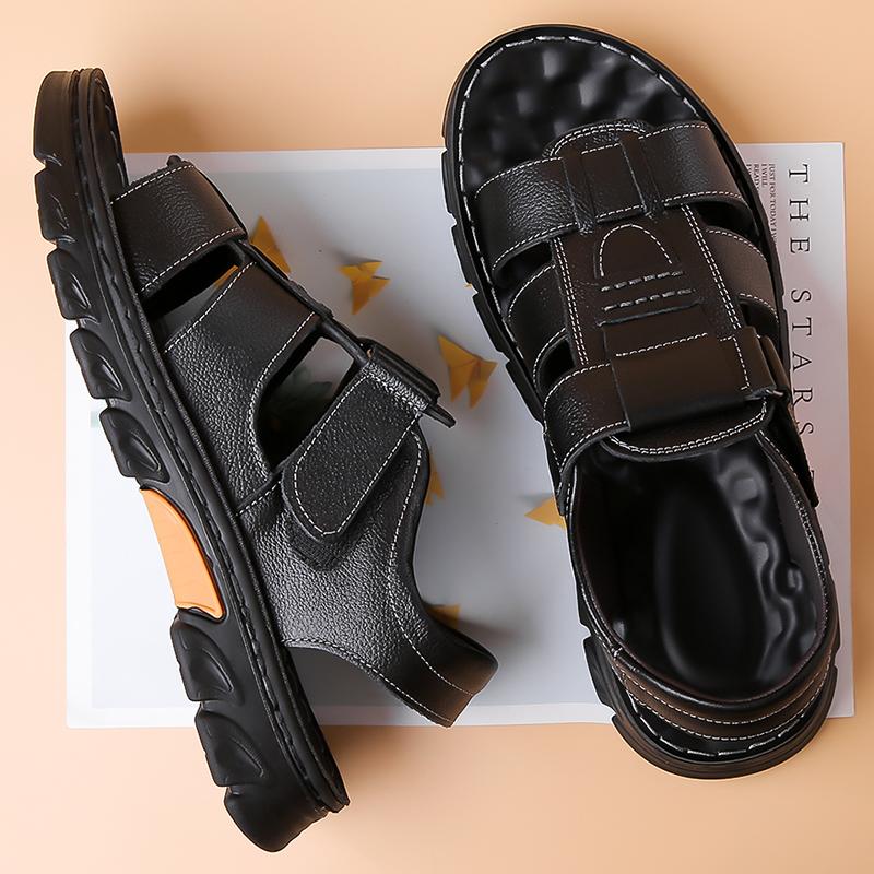 Sandales en Cuir PU pour Hommes Style Été Bout Ouvert Plage Chaussures Polyvalentes Antidérapantes Chaussures Décontractées Mode Homme Sandales Romaines Plates
