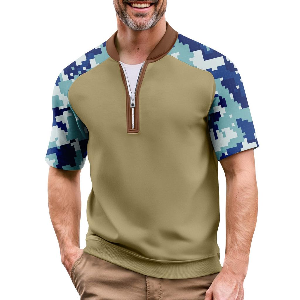 Men's Summer Camouflage Color Casual T-shirt Sports Breathable Zipper Collar Top