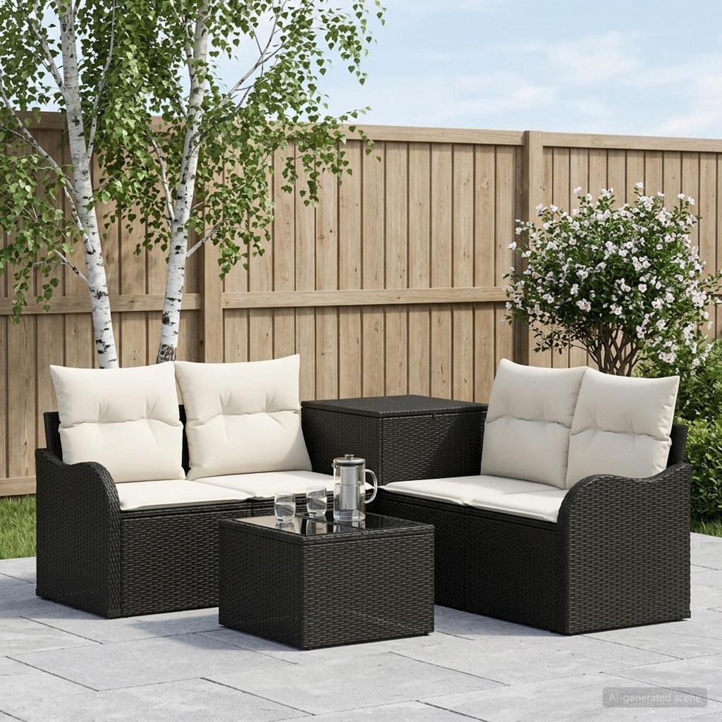 Sofa Set 6 pcs Black and Cream White Poly Rattan and Steel