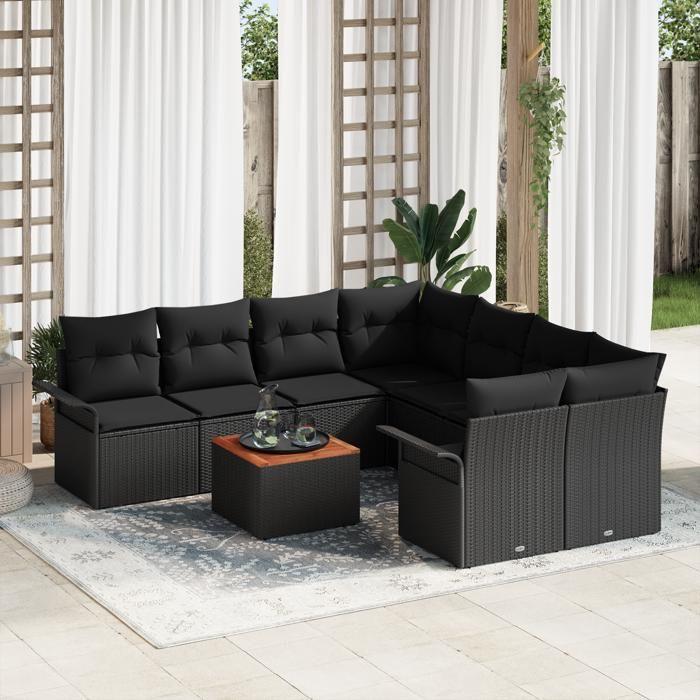VidaXL Ensemble de Canapé de Jardin 9 Pièces avec Coussins Noir Poly Rattan Acacia 3355979