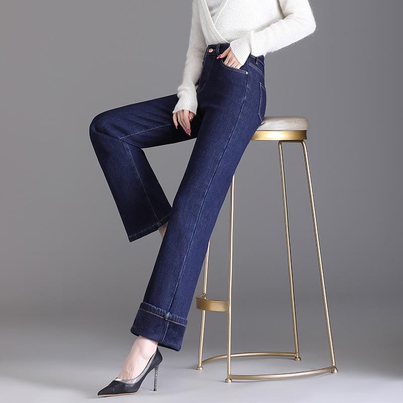 High-Waisted Slimming Plus Size Jeans - Women's Autumn/Winter Velvet Thickening Straight Leg Pants