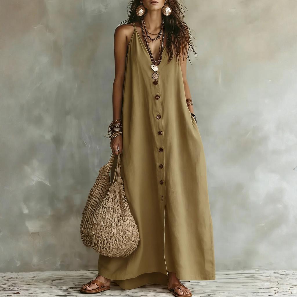Damen Lässiges Maxikleid mit Knopfleiste Ärmellos V-Ausschnitt Lang Leinen Baumwollmischung Sommerkleid Lockere Passform Strandkleid