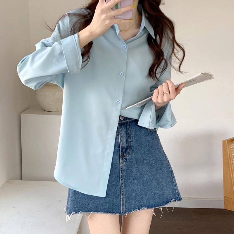 Damenbekleidung Umlegekragen Locker Knopf Lässig Modisch Frühling Sommer Dünn Gerade Erfrischend Uni Mode Erfrischend