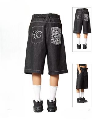 2024 Sommer Lose Hip Hop Taschen Stickerei Brief Drucken Jeans Shorts für Frauen Retro Übergroße Breite Bein Denim Knie Länge Hosen