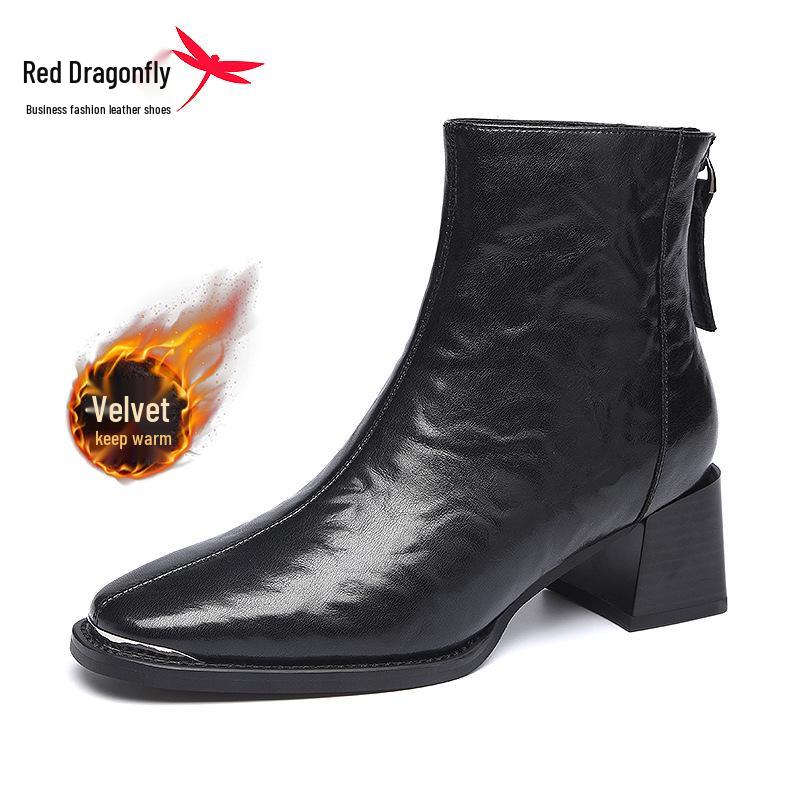 Red Dragonfly Women's Stylish High-Heeled Genuine Leather Ankle Boots - Super Soft, Plus Velvet, Mid-Calf for Spring, Autumn, and Winter.