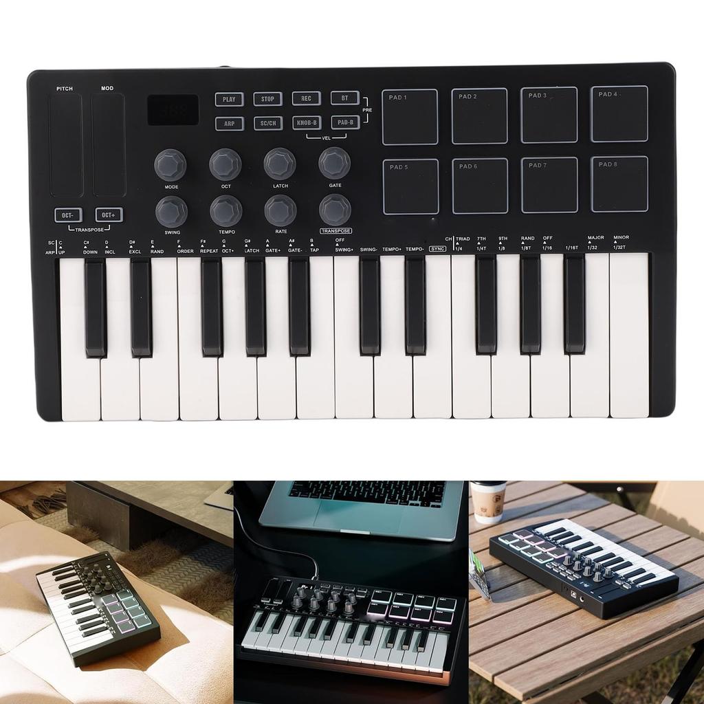 TOPINCN MIDI Keyboard Bluetooth 8 RGB Music Beginner to Black 25-Key Controller, Enabled, Wireless, Pads, Multi-DAW Compatible, Production,