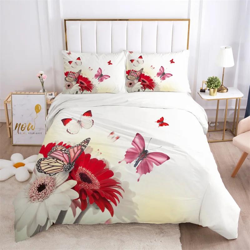 Floral Leaves Bedding Set Microfiber Butterfly Duvet Cover Lotus Flowers Comforter Cover Full King For Kids Adults Bedroom Decor