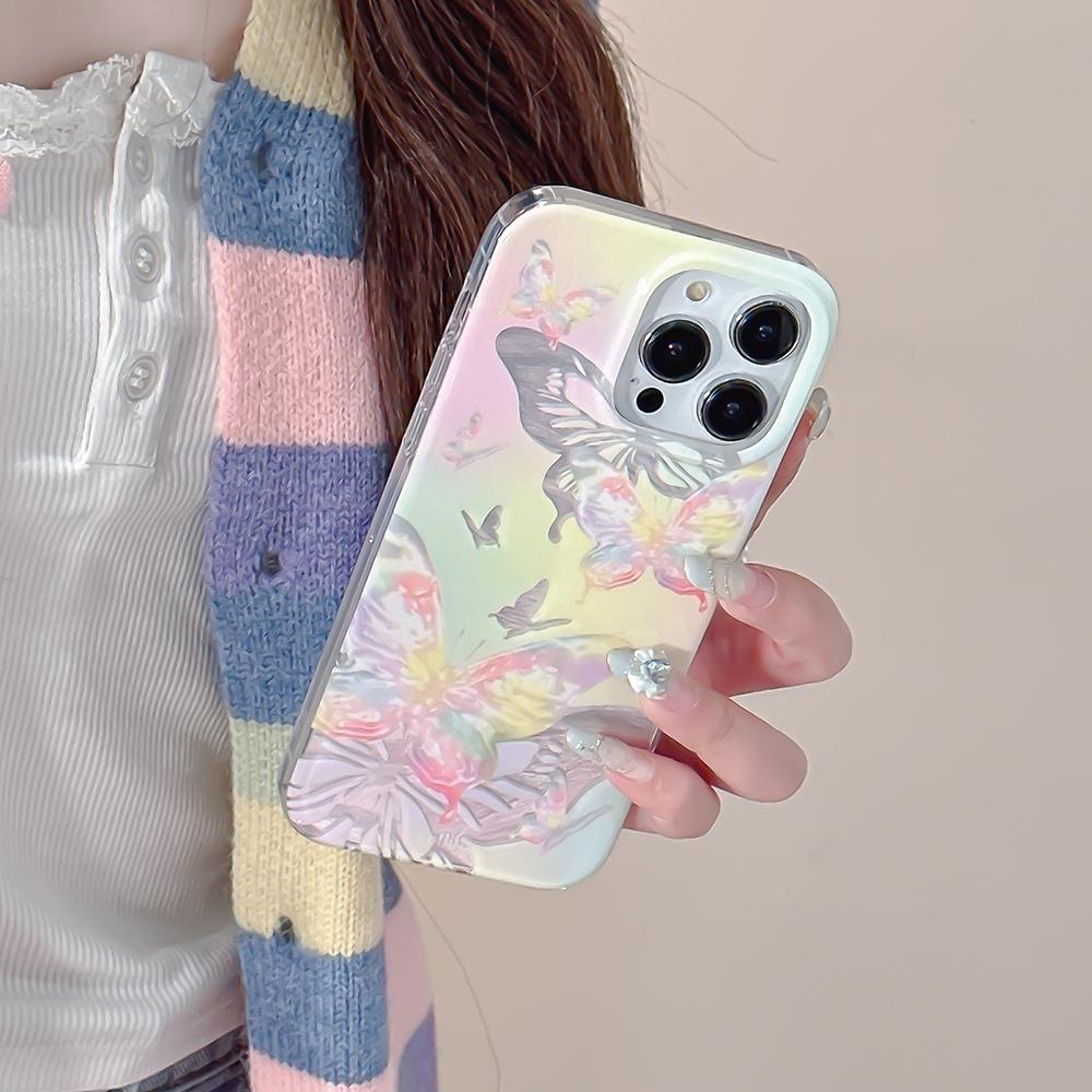 Krásný gradientní barevný stříbrný motýl kryt pro iPhone 11 12 13 14 15 Pro Max módní nárazuvzdorný silikonový nárazník IMD Funda