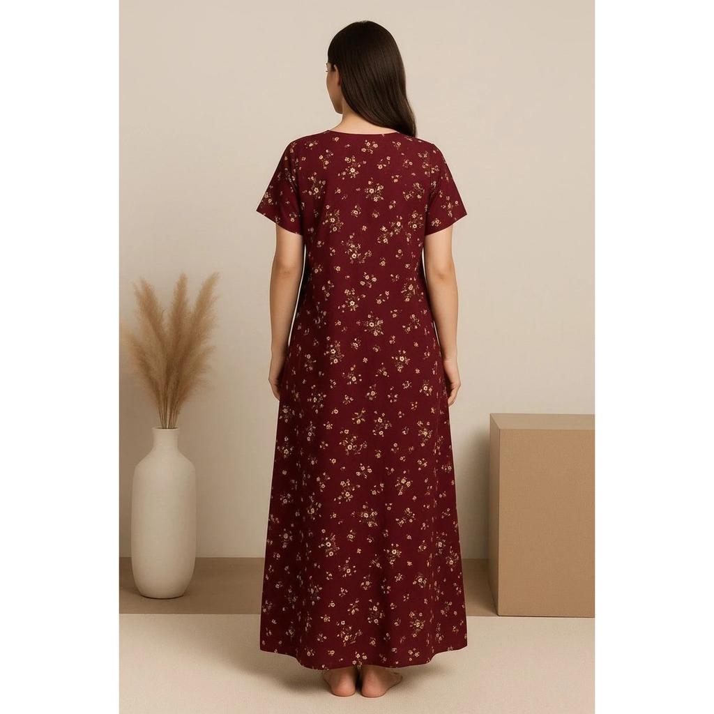 Maroon Beautiful Lightweight Maxi Nighty Women Daily Wear Cotton Night Gown Set