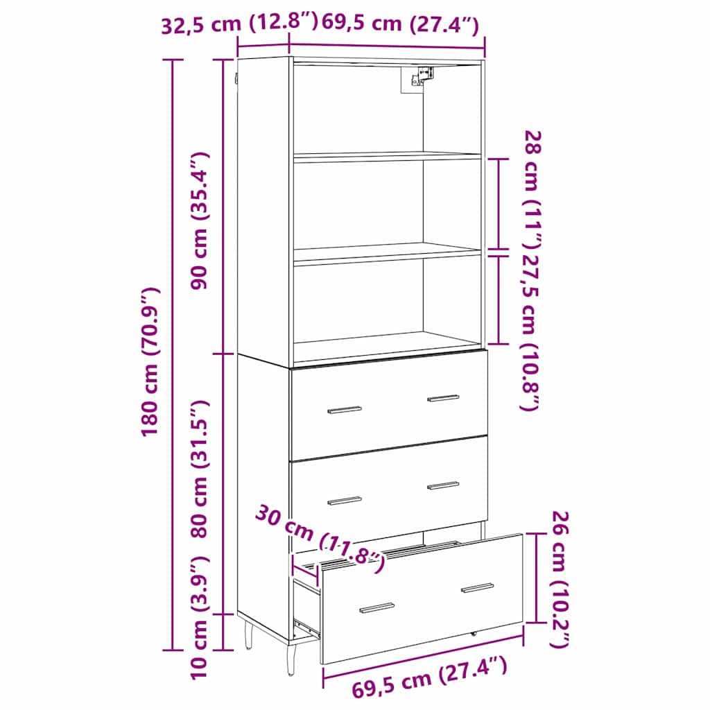 Highboard with Drawers Artisan Oak 69.5 x 34 x 180 cm