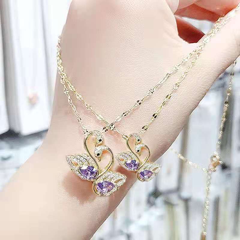 Double Swan Necklace Female Titanium Steel Amethyst