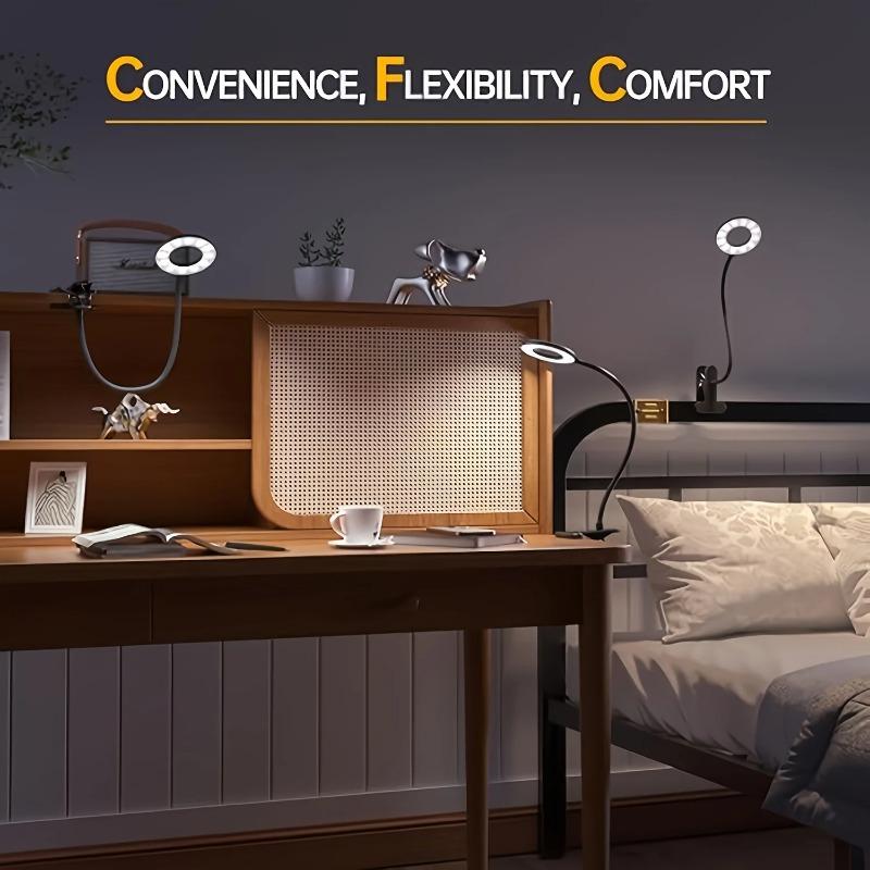 Flexible Gooseneck LED Reading Book Light with Clamp, 3 Color Temperature Circular Night Lamp for Bedside Travel Office