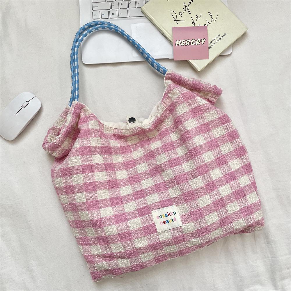 Casual Pink Plaid One-Shoulder Drawstring Tote Bag - Large Capacity Handbag
