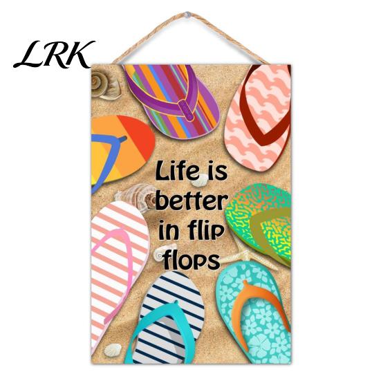 Wooden Sign for Patio Summer Beach Hanging Sign, Double?Sided Flip?Flop Wall Plaque with Rope, Coastal Holiday Home Porch Door Decor House