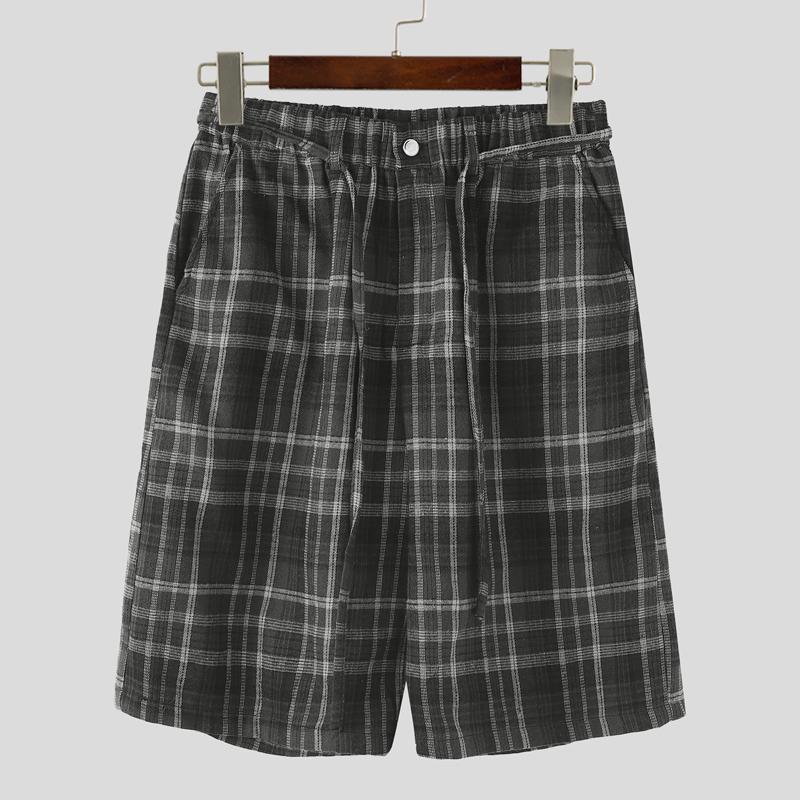 

INCERUN Men Zip-up Elastic Waist Plaid Print Casual Loose Half Pants Capri 4XL