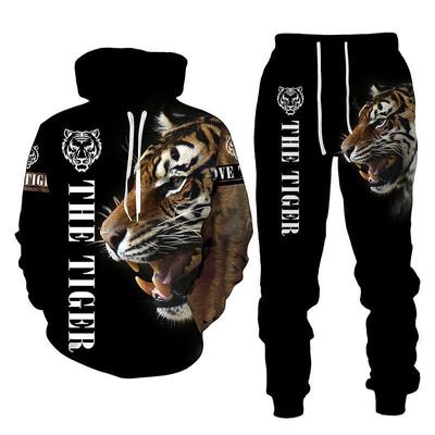 İlkbahar Sonbahar Erkek Uzun Kollu Kazaklar Tiger Serisi 3D Baskılı Kapşonlu Moda Sokak Giyim Sweatshirtleri Eşofman Altı 2 Parça Set