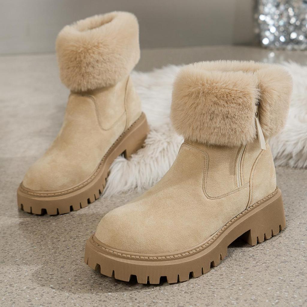 Autumn Winter Short Tube Suede Snow Martin Boots for Women Cross-Border Large Size Zipper Fur Plush Thick Cotton Boots Shoes 36-42