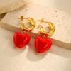 Fashion Accessories, Stainless Steel Hollow C-Shaped Red Acrylic Heart-Shaped Gold Earrings Women's 818